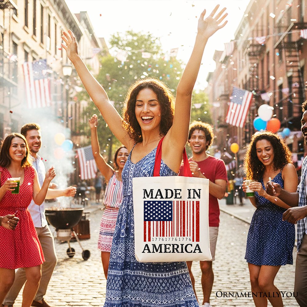 Made In America Bar Code Flag Tote Bag, Patriotic 1776 USA 250th Anniversary Gift Shopper Tote Bag OrnamentallyYou 