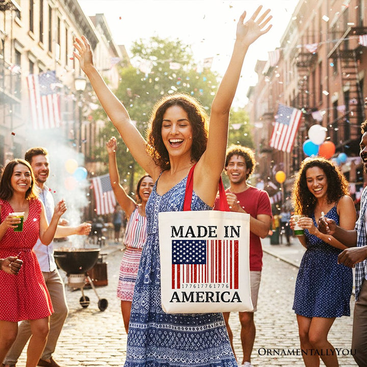 Made In America Bar Code Flag Tote Bag, Patriotic 1776 USA 250th Anniversary Gift Shopper Tote Bag OrnamentallyYou 