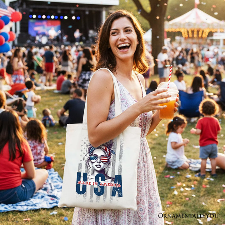 Made in America Messy Bun Tote Bag, Retro 4th of July White Patriotic Gift Shopper Tote Bag OrnamentallyYou 