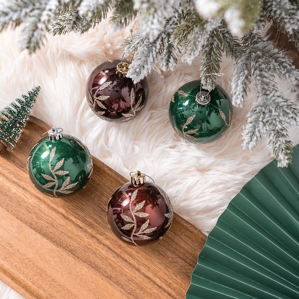 Majestic Gold Glittered Floral Bauble Christmas Ornament Set, 6 Pieces of Maroon and Green Round Tree Balls Ornament Bundle OrnamentallyYou 