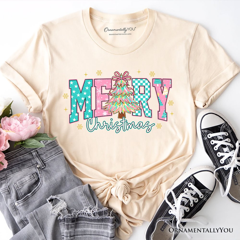 Merry Christmas Coquette Tree T-Shirt, Preppy Retro Holiday Gift Tee T-Shirts OrnamentallyYou Natural XS 