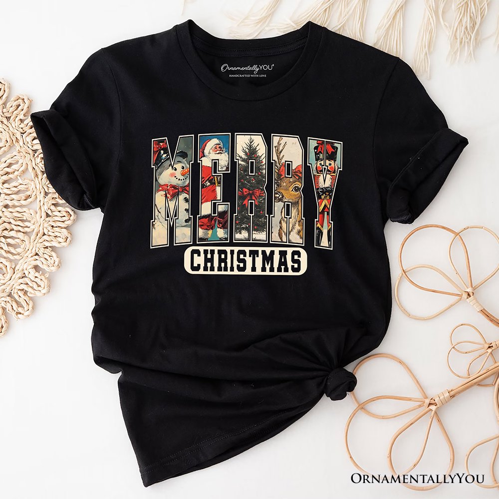 Merry Christmas Vintage T‑Shirt, Santa Tree Reindeer Snowman Nutcracker Tee T-Shirts OrnamentallyYou Black XS 