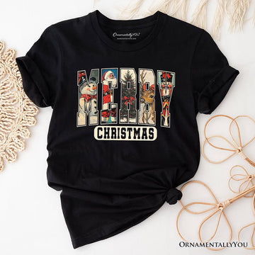 Merry Christmas Vintage T‑Shirt, Santa Tree Reindeer Snowman Nutcracker Tee T-Shirts OrnamentallyYou Black XS 