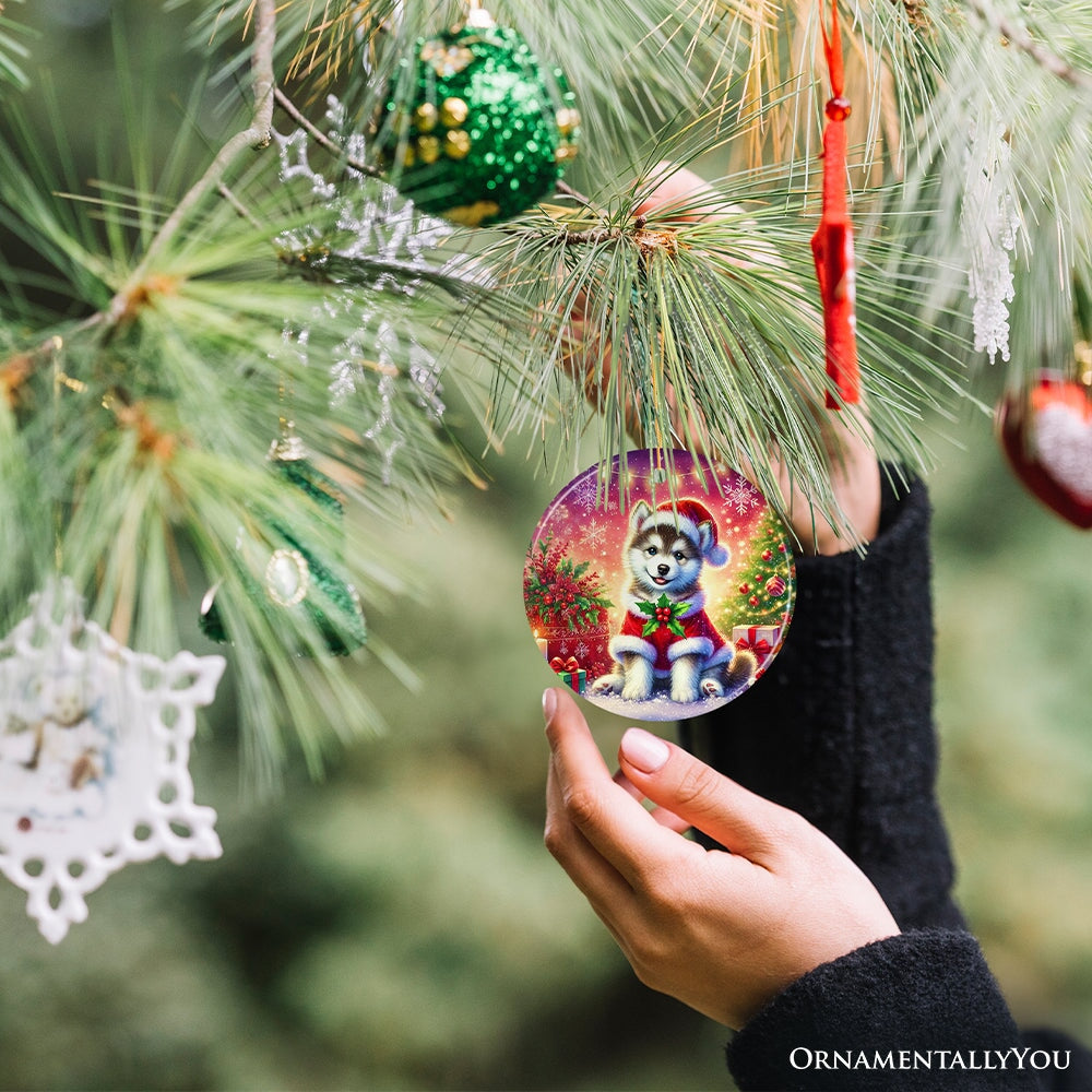 Merry Holly Berry Siberian Husky Ornament, Whimsical Christmas Tree Decor Ceramic Ornament OrnamentallyYou 