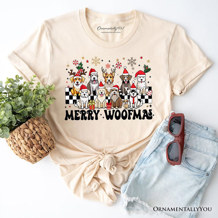 Merry Woofmas Dog Mama T‑Shirt, Dogs With Santa Hats Christmas Tee T-Shirts OrnamentallyYou Natural XS 