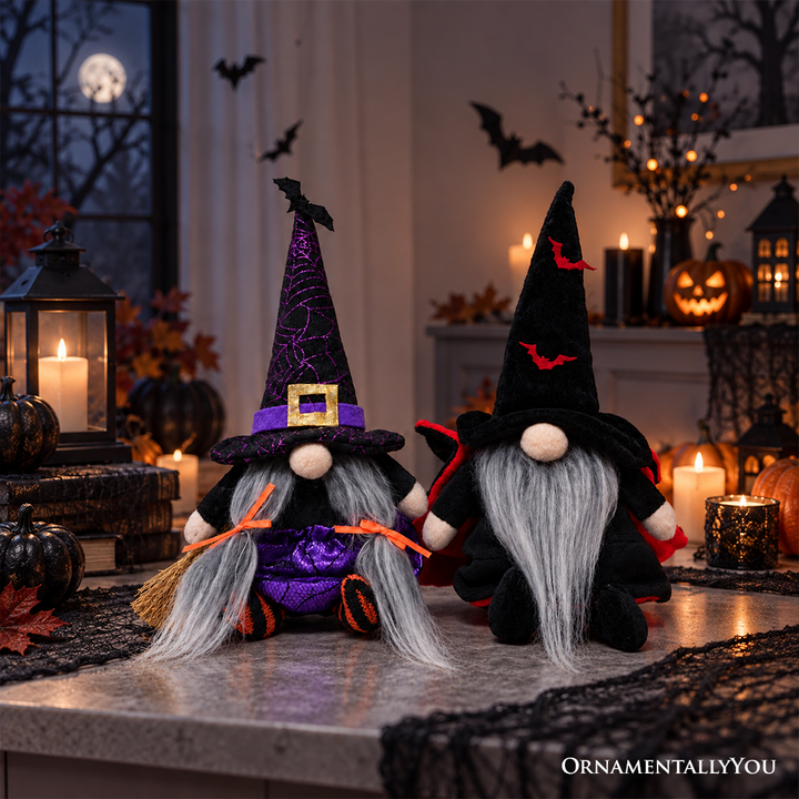 Midnight Magic Plush Gnome Set of 2, Gothic Witch and Vampire 10" Halloween Decor