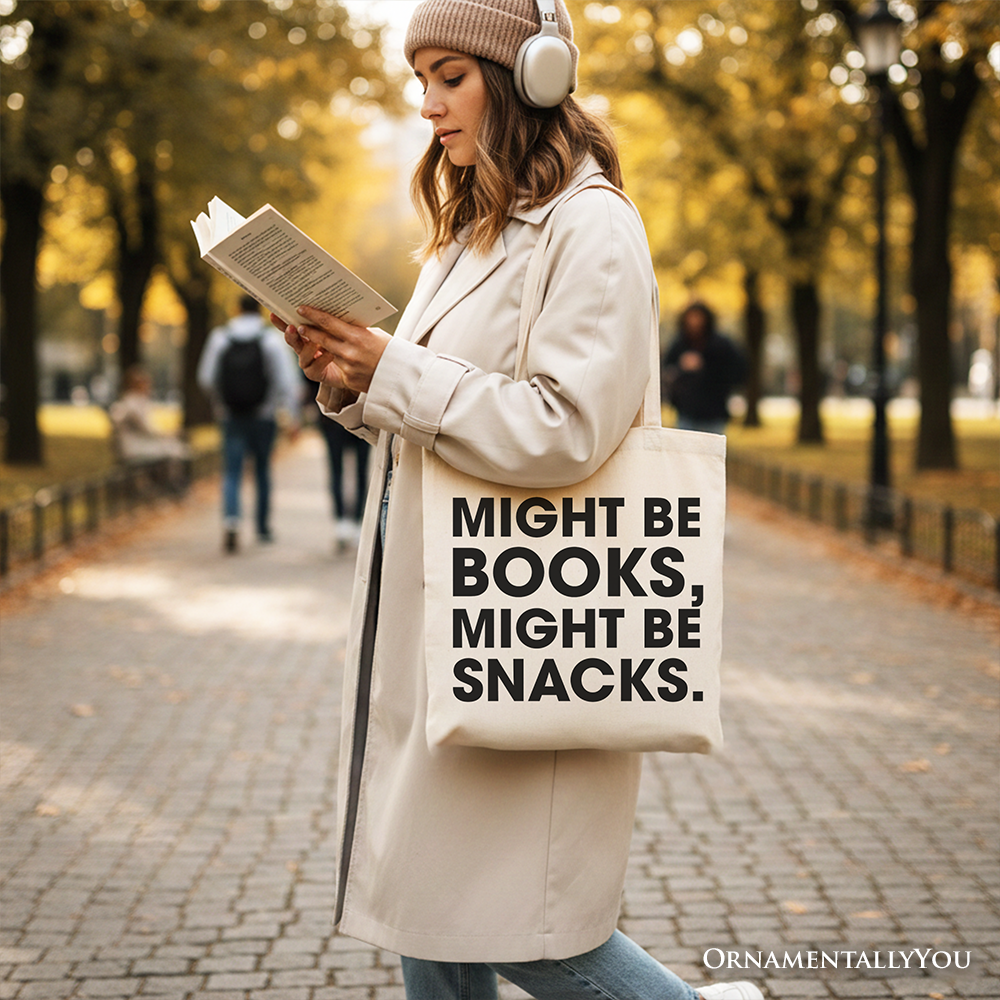 Might Be Books Might be Snacks Canvas Tote Bag, Minimalist Gift Shopper for Bookworms