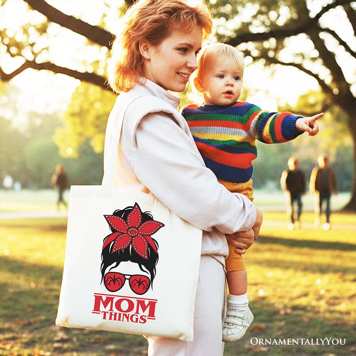 Mom Things Messy Bun Retro Canvas Tote Bag, Red Bandana Glasses Family Matching Gift Shopper Tote Bag OrnamentallyYou 