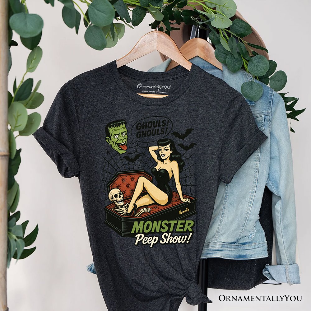 Monster Peep Show Pin-Up T-Shirt, Retro Horror Halloween Tee T-Shirts OrnamentallyYou Gray XS 