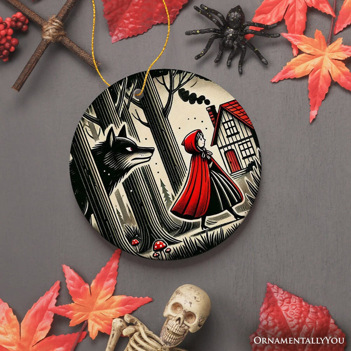 Mysterious Red Riding Hood in the Woods Ornament, Spooky Halloween Tree Decor Ceramic Ornament OrnamentallyYou Circle Version 3 