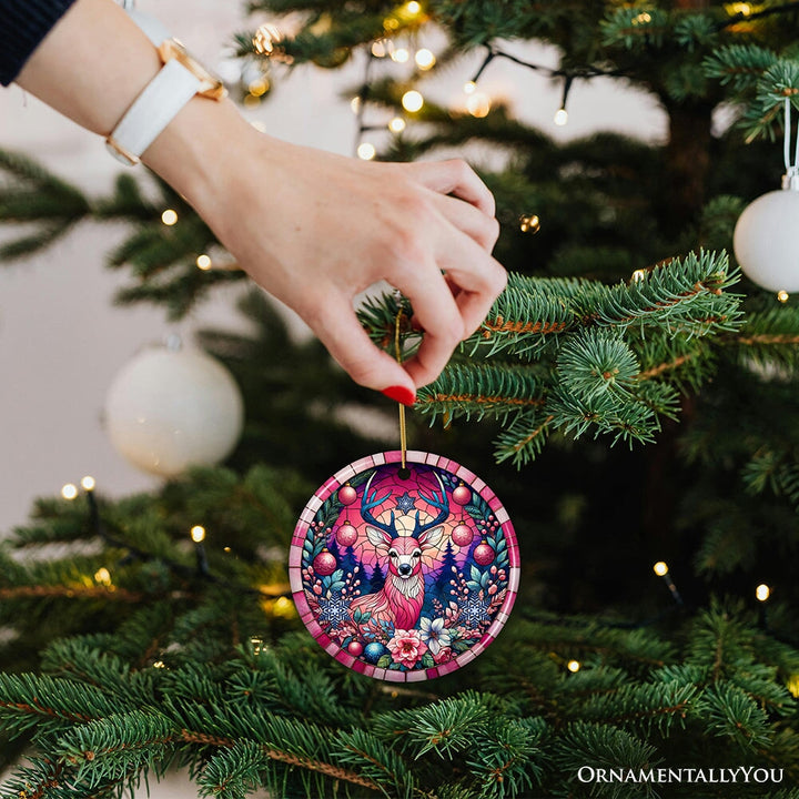 Mystical Yuletide Deer Pink Themed Ornament, Elegant Christmas Tree Decor Ceramic Ornament OrnamentallyYou 