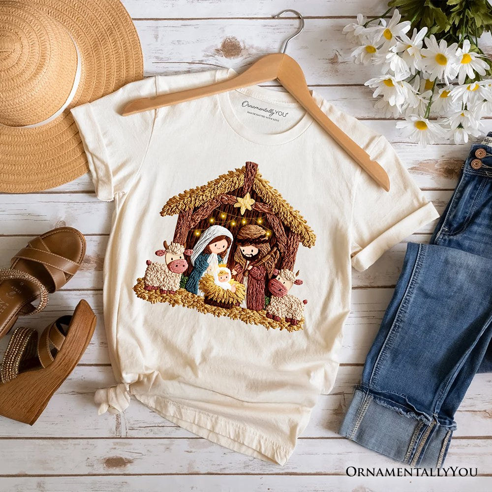 Nativity Holy Family Jesus Christmas T-Shirt, Imitation Latch Hook Yarn Cozy Christian Tee T-Shirts OrnamentallyYou Natural XS 