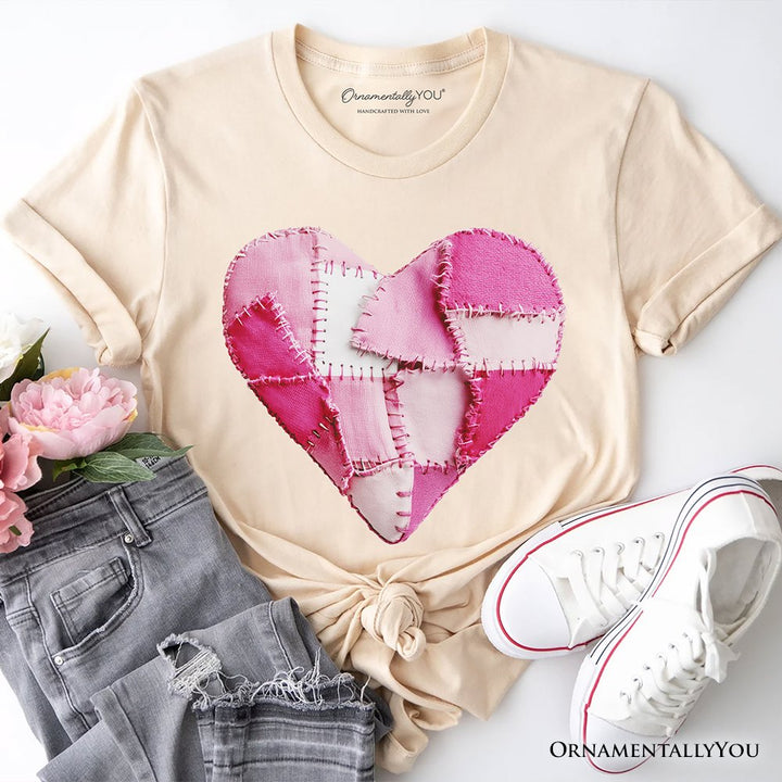 Patchwork Pink Heart Valentine T-Shirt, Love Retro Coquette Tee T-Shirts OrnamentallyYou Natural XS 