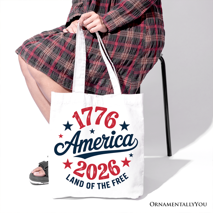 Patriotic America 1776-2026 Land of the Free Canvas Tote Bag, 250 Year Independence Day Celebration Gift