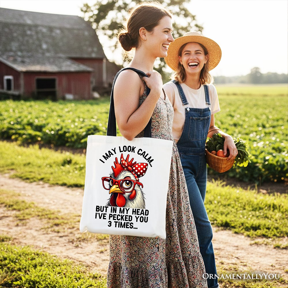 Pecking Chicken Tote Bag, Red Glasses and Bow White Gift Shopper for Sassy Women Tote Bag OrnamentallyYou 