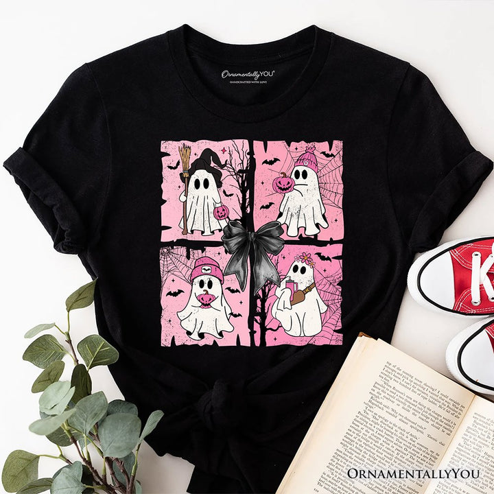 Pink Halloween Ghost T-Shirt, Coquette Spooky Season Tee for Girly Aesthetic T-Shirts OrnamentallyYou Black XS 