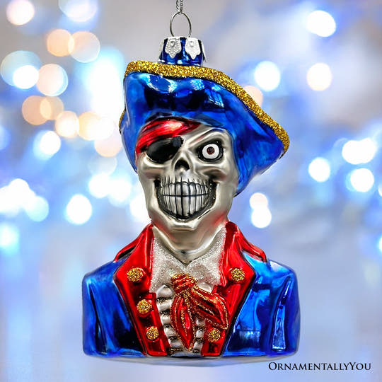 Fierce Pirate Skeleton Glass Ornament, Gothic Skull Ship Captain Spooky Decor Glass Ornament OrnamentallyYou 