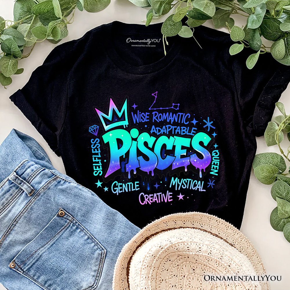 Pisces Graffiti Zodiac T-Shirt, Street Style Astrology Horoscope Tee T-Shirts OrnamentallyYou Black XS 