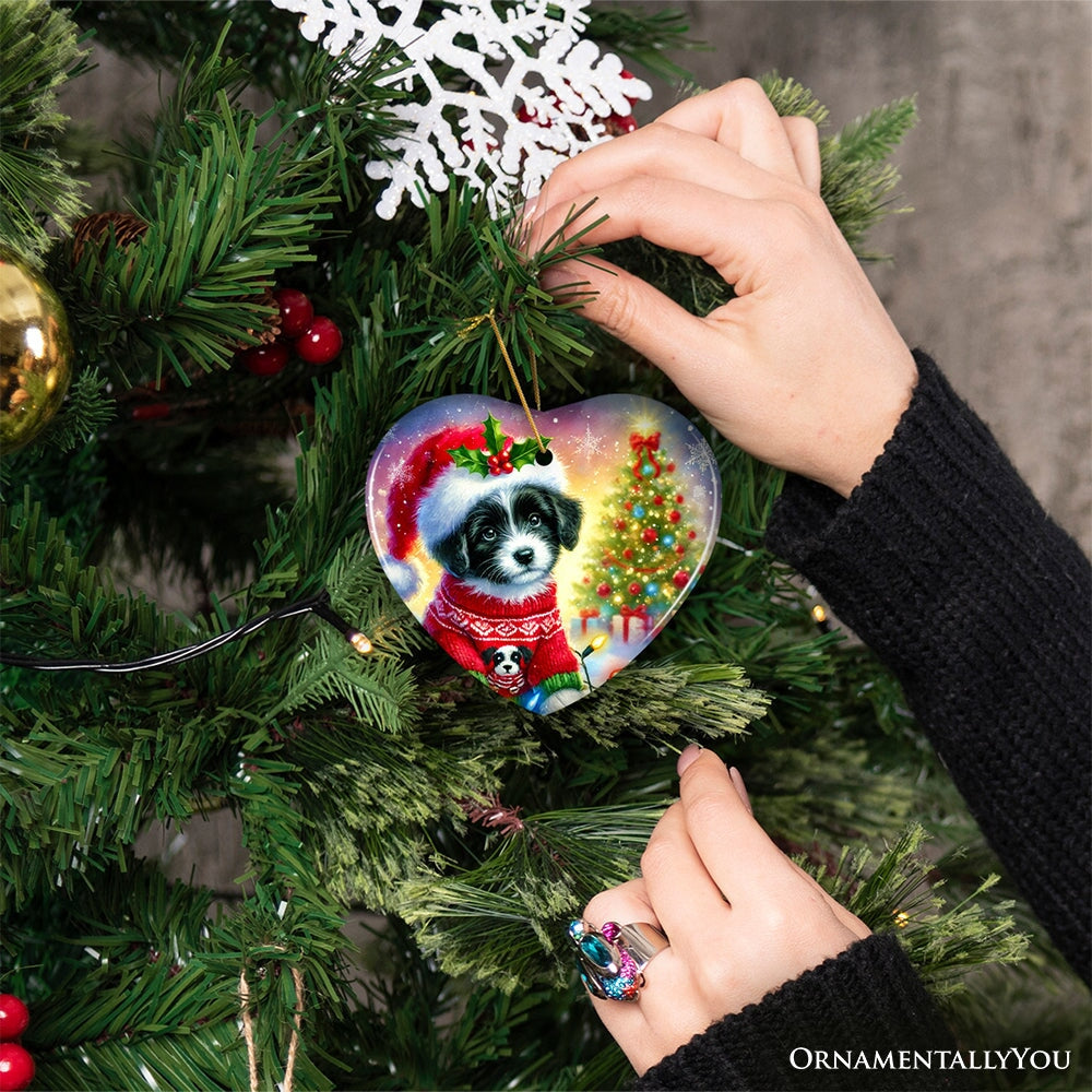 Playful Border Collie with Santa Hat Ornament, Festive Canine Christmas Decor Ceramic Ornament OrnamentallyYou 