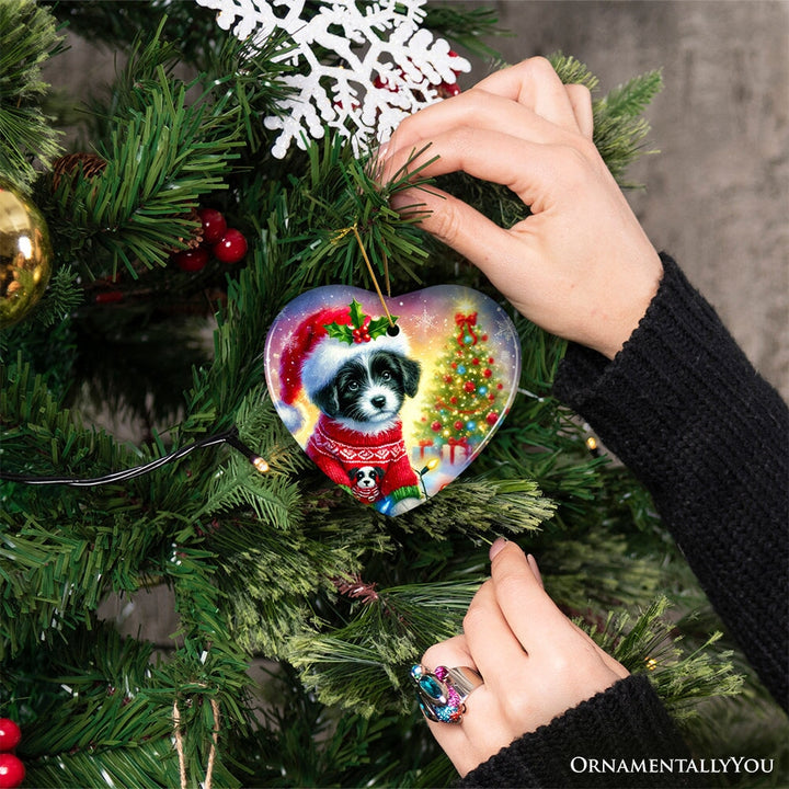 Playful Border Collie with Santa Hat Ornament, Festive Canine Christmas Decor Ceramic Ornament OrnamentallyYou 