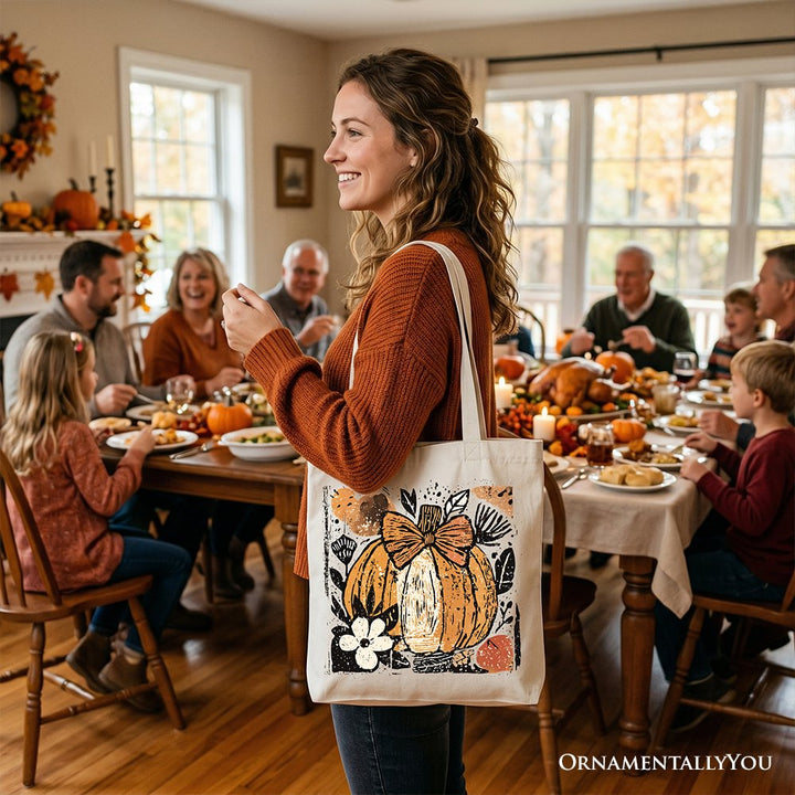 Pumpkin Fall Floral Tote Bag, Thanksgiving Coquette Bow Gift Shopper Tote Bag OrnamentallyYou 