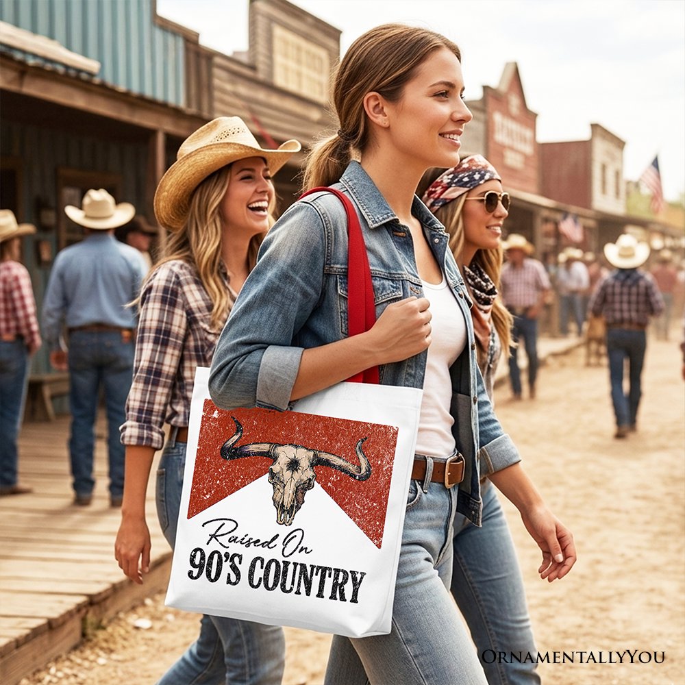 Raised On 90s Country Tote Bag, Vintage Bull Skull Gift Shopper Tote Bag OrnamentallyYou 
