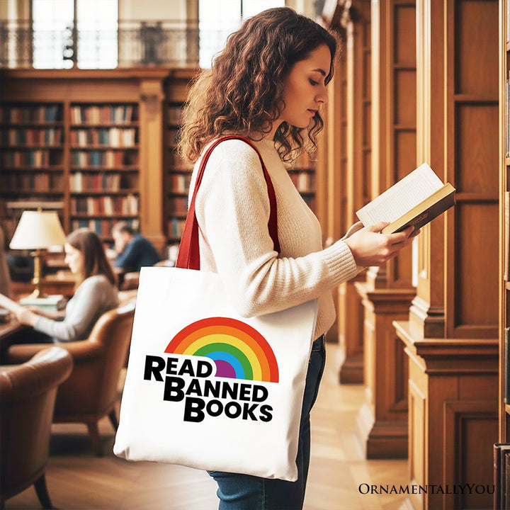 Read Banned Books Rainbow Canvas Tote Bag, Book Lover Gift Shopper Tote Bag OrnamentallyYou 