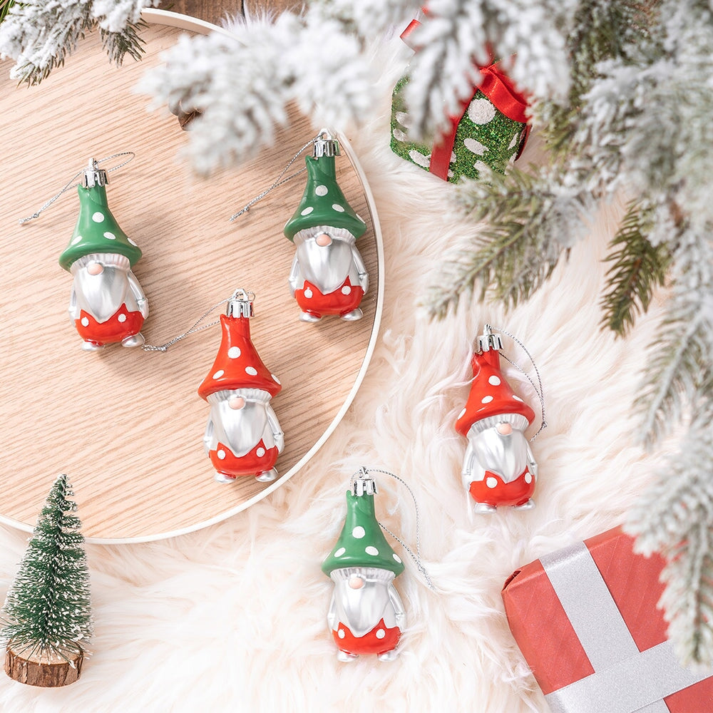 Red and Green Polka Dot Christmas Folksy Gnome Ornament Set, 8 Shatterproof Tree Gnomies Ornament Bundle OrnamentallyYou 