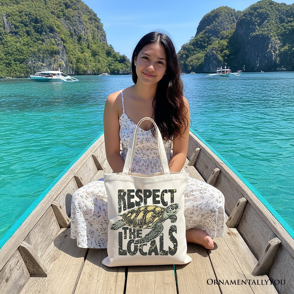 Respect the Locals Turtles Canvas Tote Bag, Retro Grunge Gift for Ocean and Beach Lovers Tote Bag OrnamentallyYou 