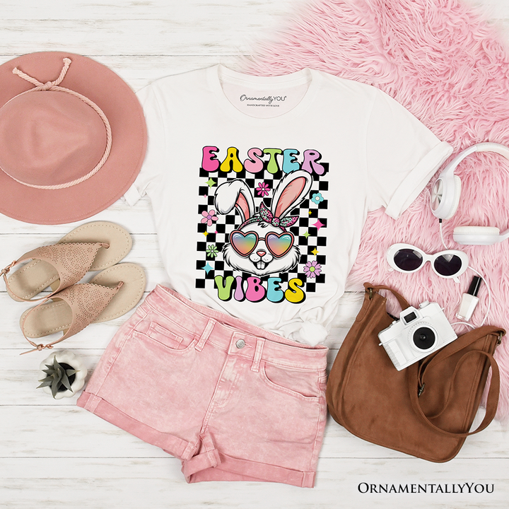 Retro Easter Bunny Sunglasses T-Shirt, Groovy Checkered Tee