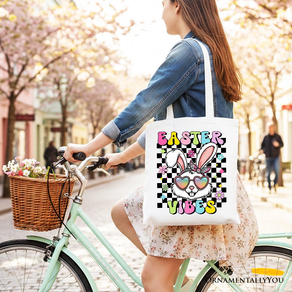 Retro Easter Bunny Sunglasses Tote Bag, Groovy Checkered Gift Shopper Tote Bag OrnamentallyYou 