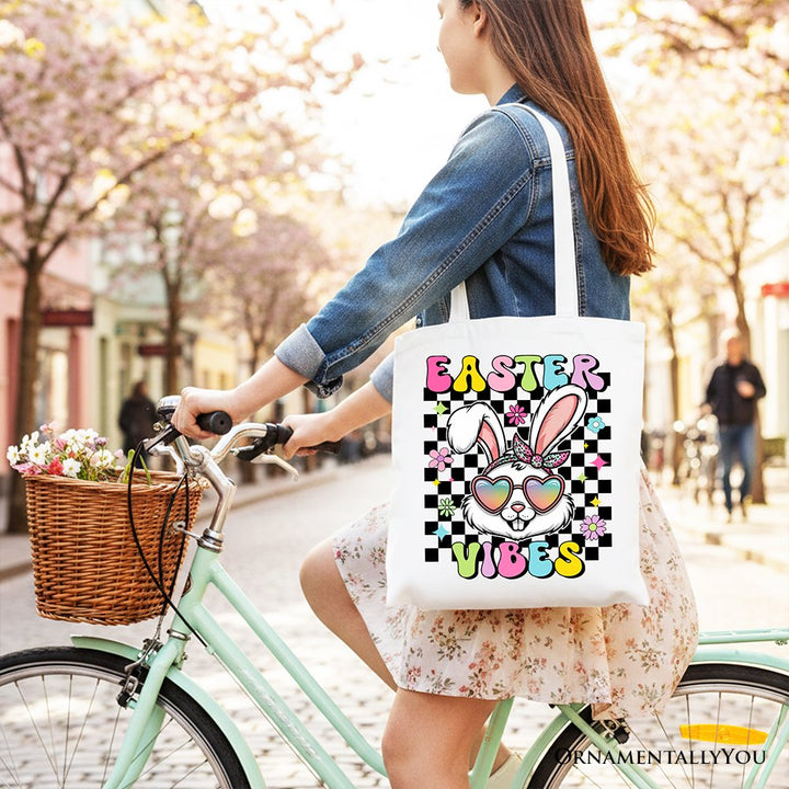 Retro Easter Bunny Sunglasses Tote Bag, Groovy Checkered Gift Shopper Tote Bag OrnamentallyYou 