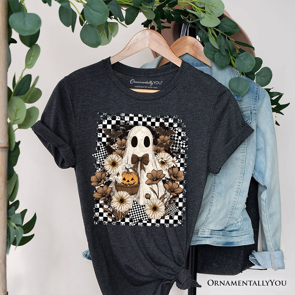 Retro Ghost Floral Halloween T-Shirt, Spooky Vintage Checkered Tee T-Shirts OrnamentallyYou Gray XS 