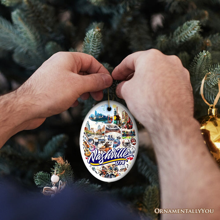 Rockin Nashville City Ceramic Art Ornament, Vintage Tennessee Souvenir and Christmas Decor Ceramic Ornament OrnamentallyYou 