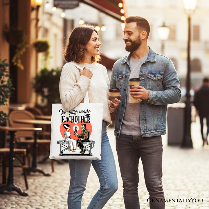 Romantic Frankenstein and Bride Canvas Tote Bag, We Were Made for Each Other Gift Bag for Spooky Couples