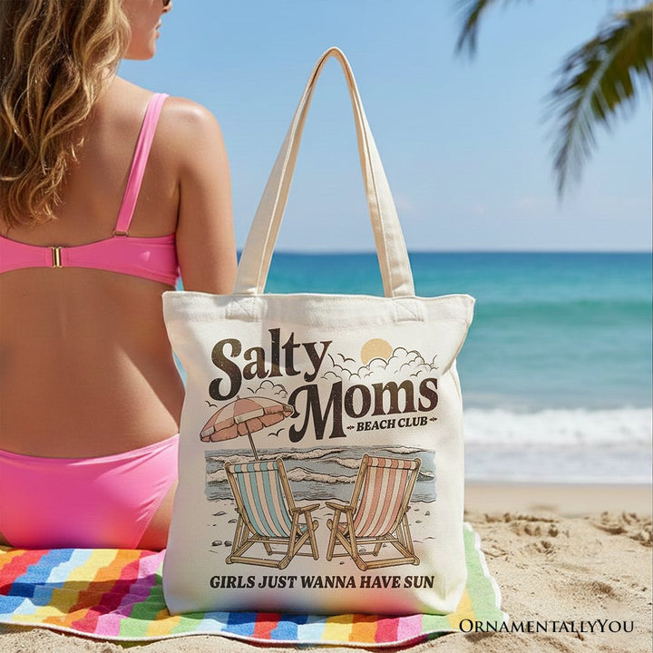 Salty Moms Beach Club Canvas Tote Bag, Retro Summer Gift for Ocean Loving Mothers Tote Bag OrnamentallyYou 