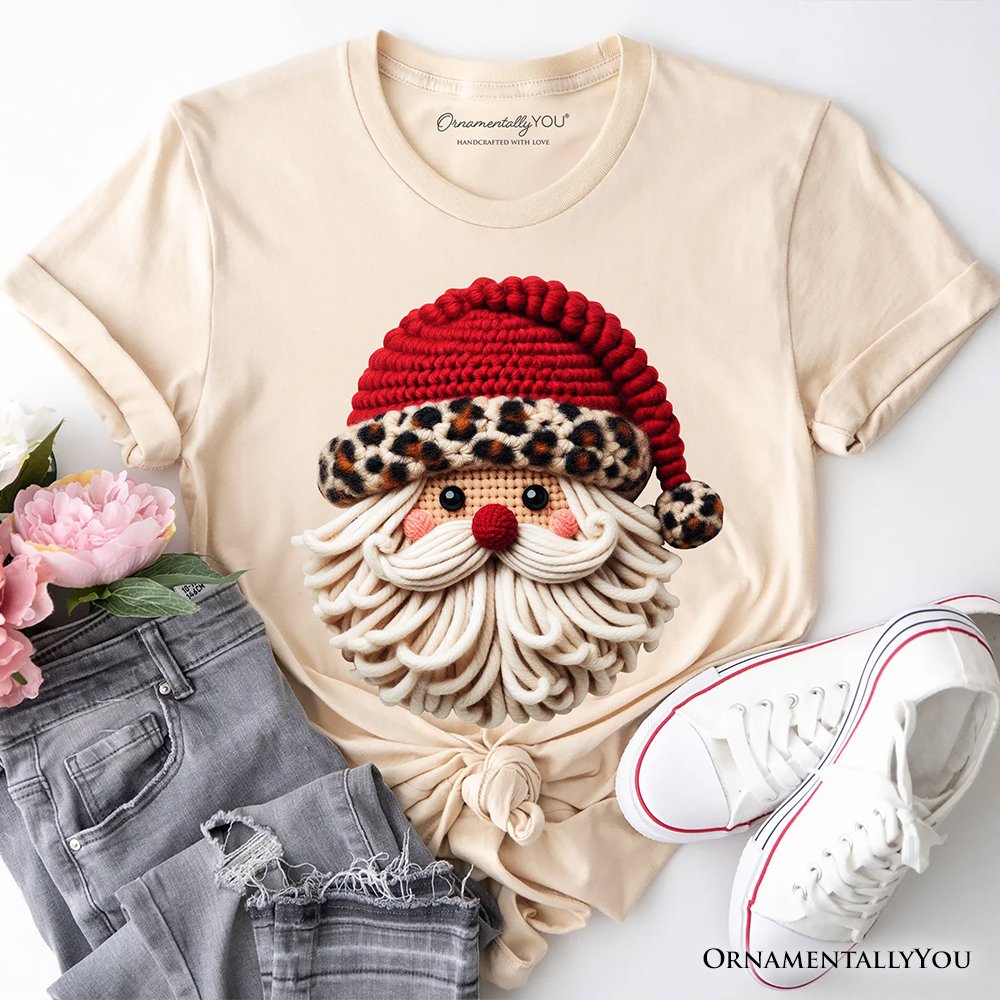 Santa Leopard Hat Christmas T-Shirt, Imitation Latch Hook Yarn Cozy Tee T-Shirts OrnamentallyYou Natural XS 