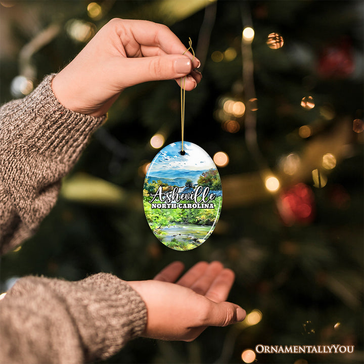 Scenic Asheville Mountain Town Ceramic Ornament, Nature and Historic North Carolina Christmas Gift and Tree Decor