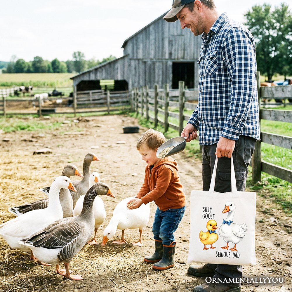 Silly Goose Serious Dad Tie Tote Bag, Cute Duo Fathers Gift Shopper Tote Bag OrnamentallyYou 