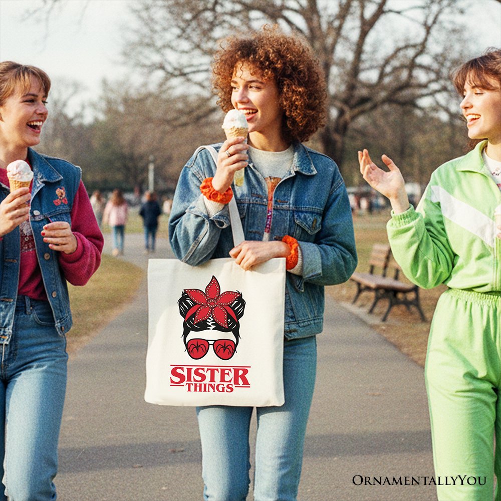 Sister Things Messy Bun Retro Canvas Tote Bag, Red Bandana Glasses Family Matching Gift Shopper Tote Bag OrnamentallyYou 