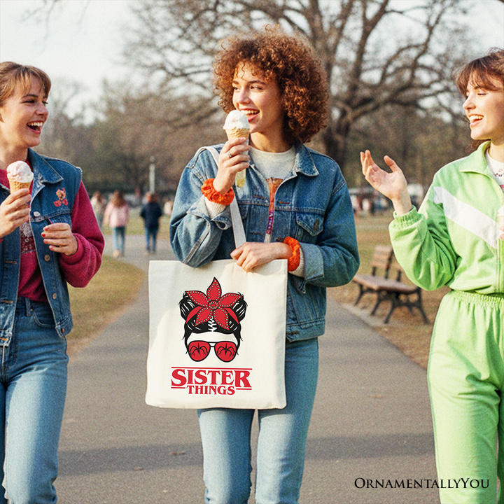 Sister Things Messy Bun Retro Canvas Tote Bag, Red Bandana Glasses Family Matching Gift Shopper