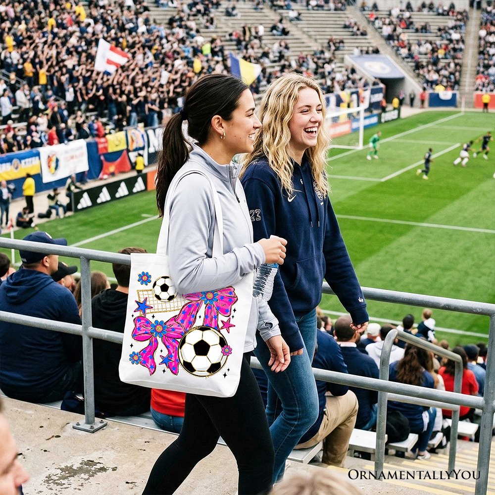 Soccer Coquette Pink Bow Tote Bag, Preppy Game Day Gift Shopper Tote Bag OrnamentallyYou 