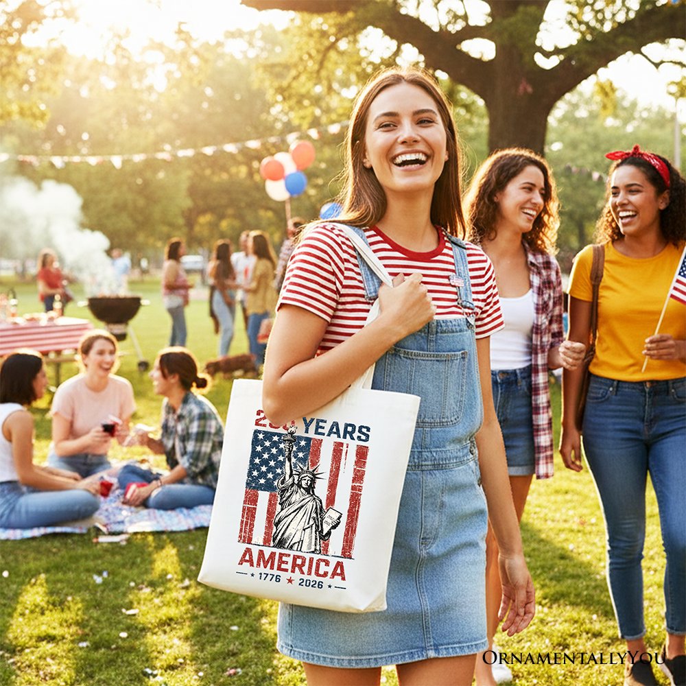 Statue of Liberty America Flag 250 Years Tote Bag, 4th of July USA Patriotic 1776–2026 Gift Shopper Tote Bag OrnamentallyYou 