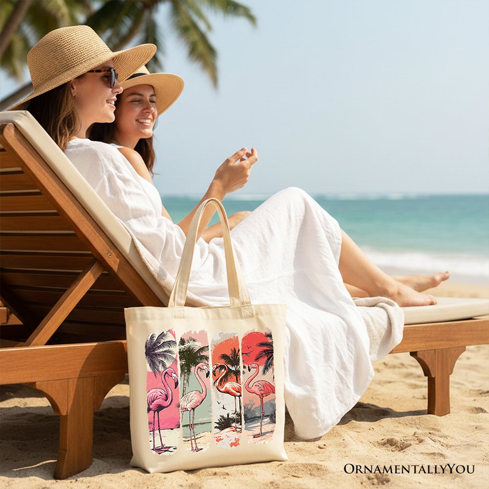 Summer Flamingo Beach Canvas Tote Bag, Retro Vacation Tropical Sunset Gift Shopper Tote Bag OrnamentallyYou 