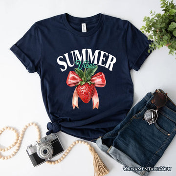 Summer Vibes Strawberry T-Shirt, White, Natural and Navy Seasonal Tee with Coquette Style T-Shirts OrnamentallyYou Navy XS 