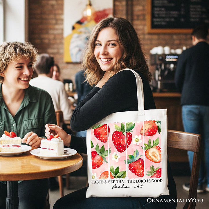 Taste and See That The Lord is Good Strawberry Canvas Tote Bag, Christian Faith Gift Shopper Tote Bag OrnamentallyYou 