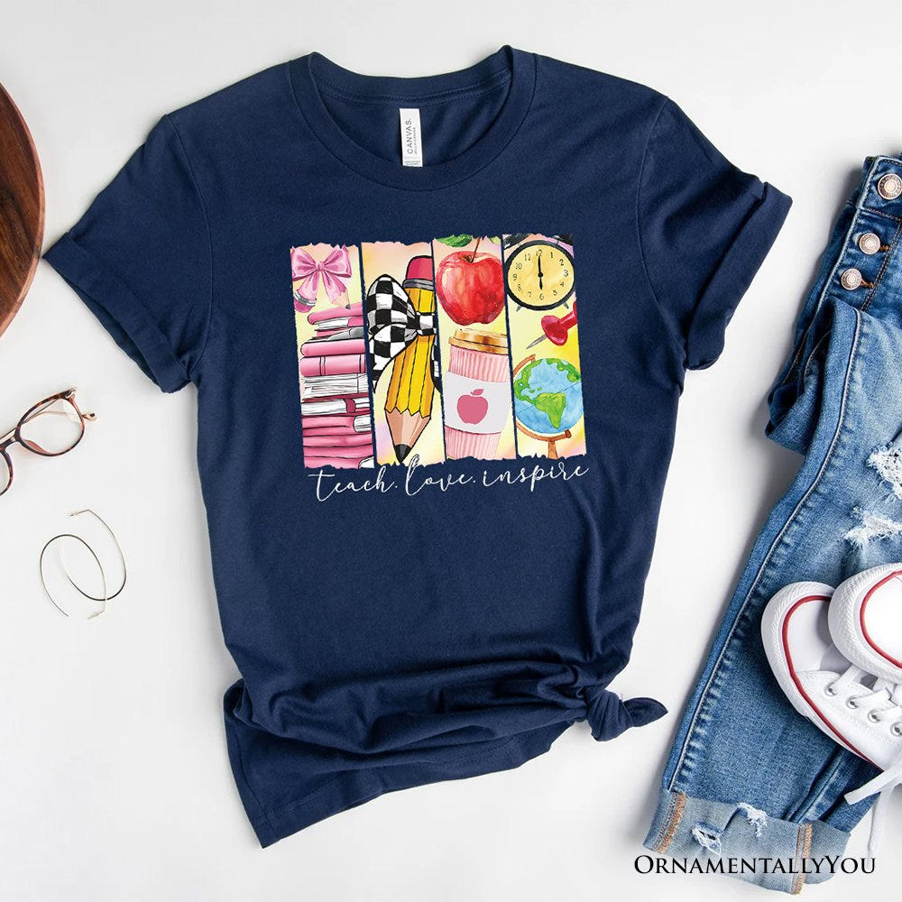 Teach Love Inspire T-Shirt, Retro Brushstroke White, Natural, and Navy Tee for Passionate Teachers T-Shirts OrnamentallyYou Navy XS 