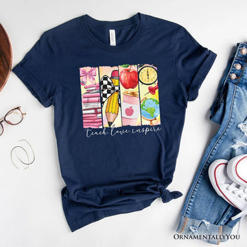 Teach Love Inspire T-Shirt, Retro Brushstroke White, Natural, and Navy Tee for Passionate Teachers T-Shirts OrnamentallyYou Navy XS 