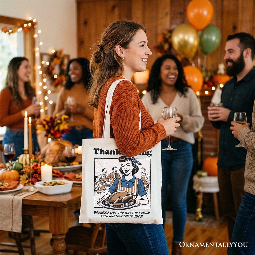 Thanksgiving Family Dysfunction Retro Tote Bag, Funny Holiday Humor Gift Shopper for Sarcastic Families Tote Bag OrnamentallyYou 