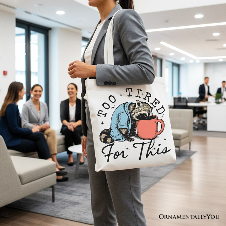 Too Tired For This Funny Raccoon Canvas Tote Bag, Retro Snarky Coffee Printed Gift Bag